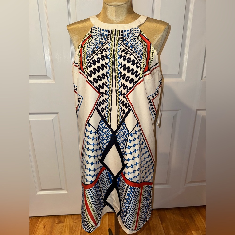VENUS Cream Dress with Navy Blue and Red Geometric Print